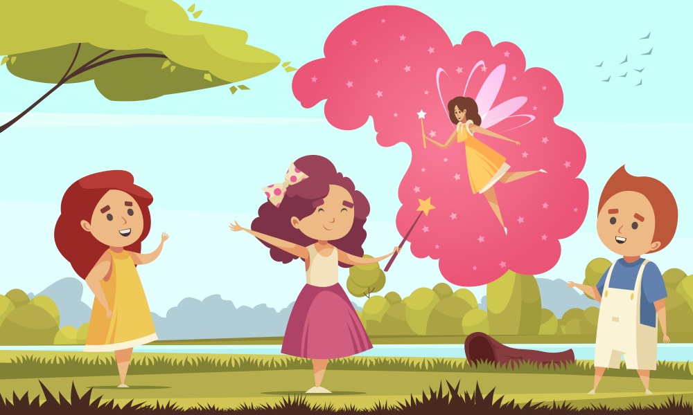 Children dreaming girl fairy composition with outdoor landscape and group of children with magical thought bubbles vector illustration. Fairy Childrens Dreams Composition