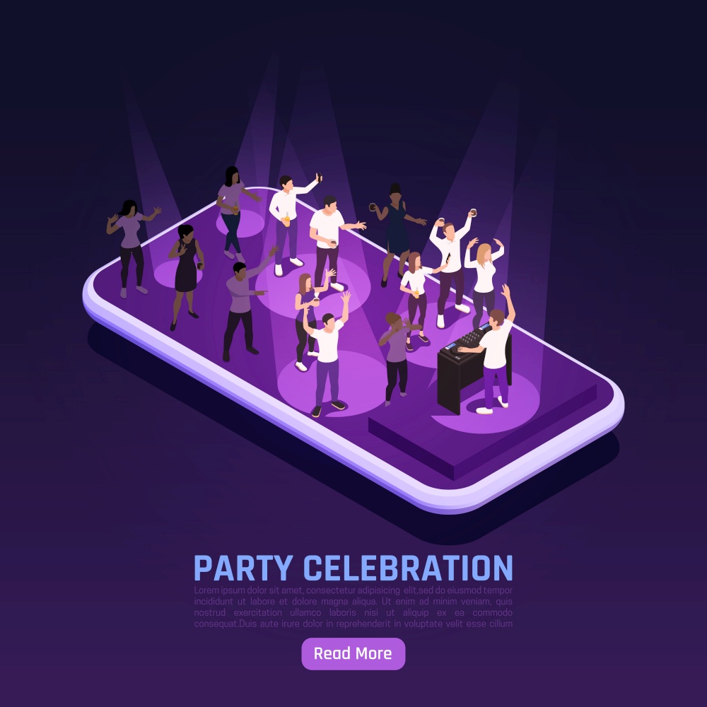 Party celebration isometric background with characters of people dancing on top of smartphone screen with text vector illustration. Smartphone Party Isometric Background