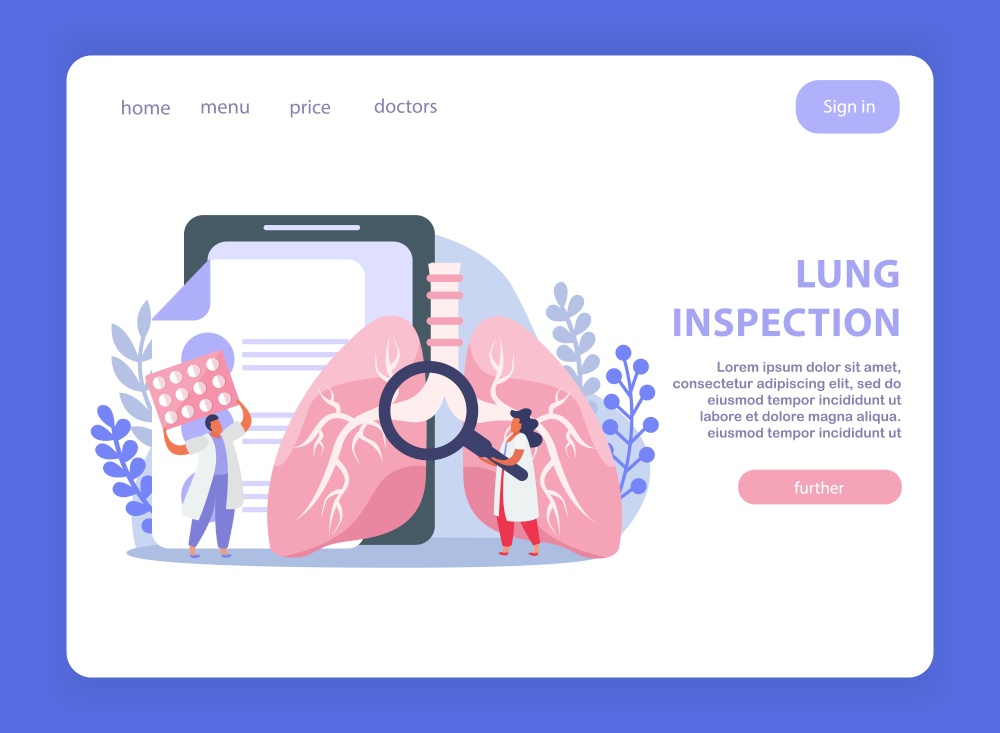 Lung inspection page design with treatment symbols flat vector illustration