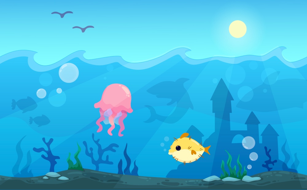 Underwater game world background with different fish flat vector illustration