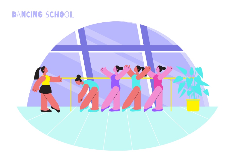 Dancing school stretching flat composition with indoor scenery and dance tutor with female characters of dancers vector illustration