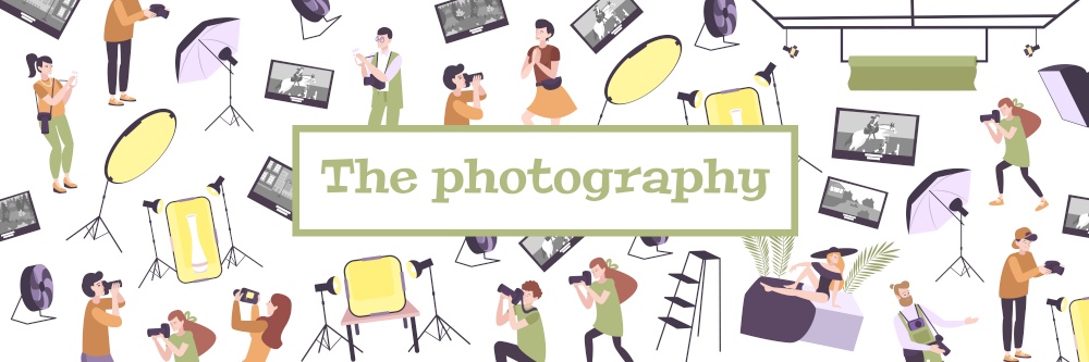 Photo school photography education pattern flat composition with text people and isolated icons of professional equipment vector illustration. Photo School Pattern Composition