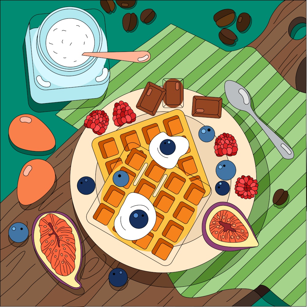 Coloring food background with top view of plate with sweets and fruits on wooden cutting board covered by textile napkin vector illustration