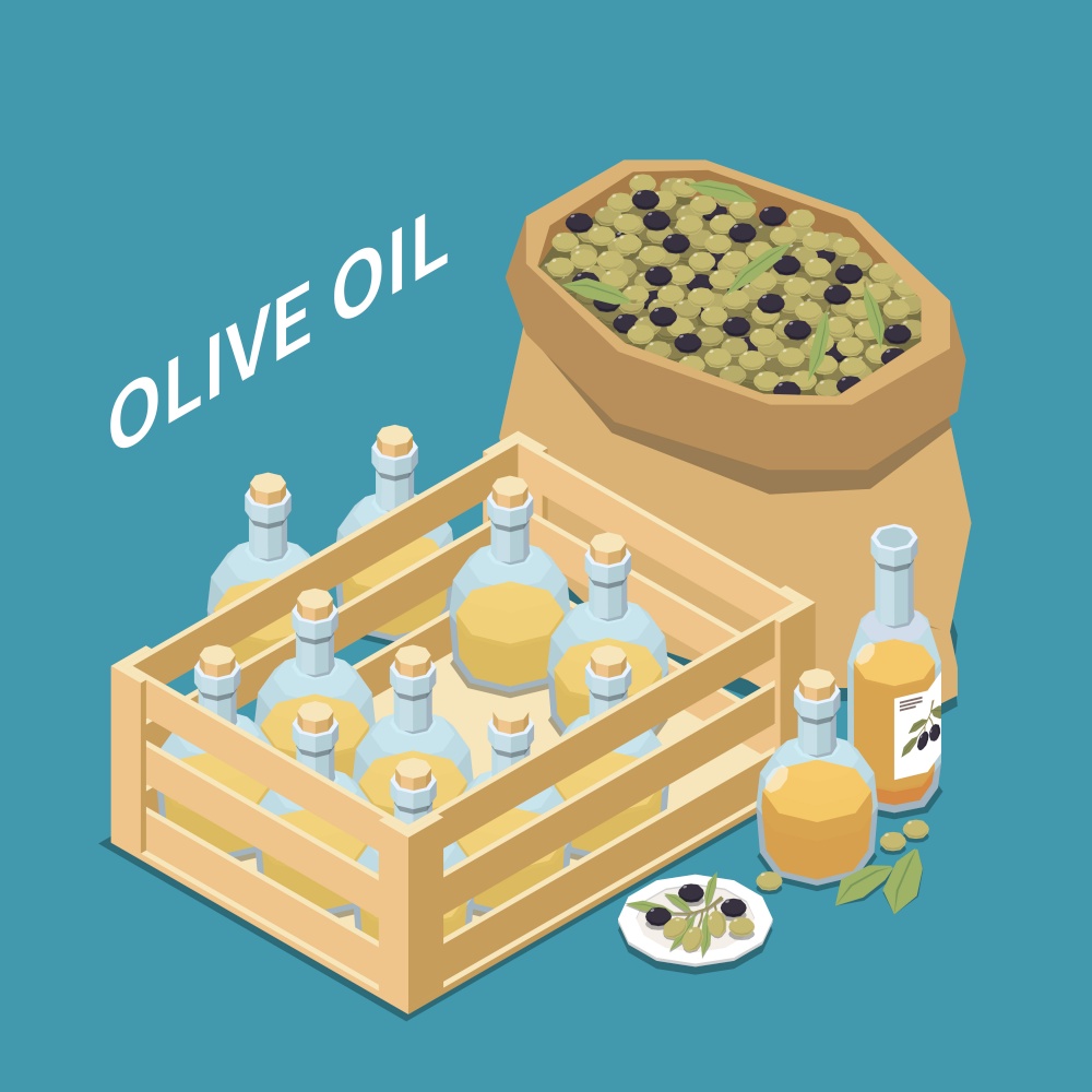 Olive production isometric composition with olives pocket in sack and glass bottles of oil in box vector illustration