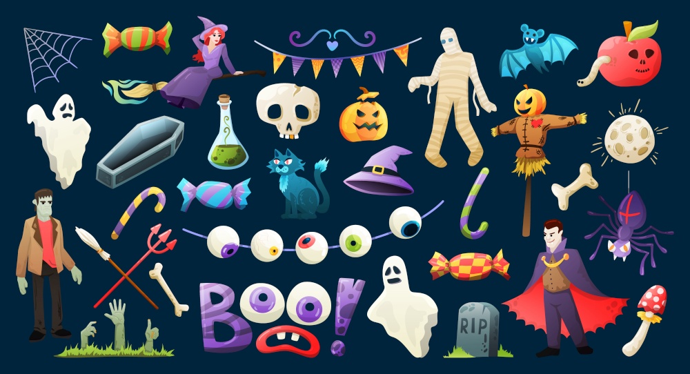 Halloween attributes scary colorful  collection with skull mask coffin bones spook ghost witch black background vector illustration