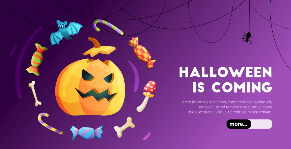 Halloween celebration colorful web banner landing page with pumpkin head bat bones composition purple background vector illustration