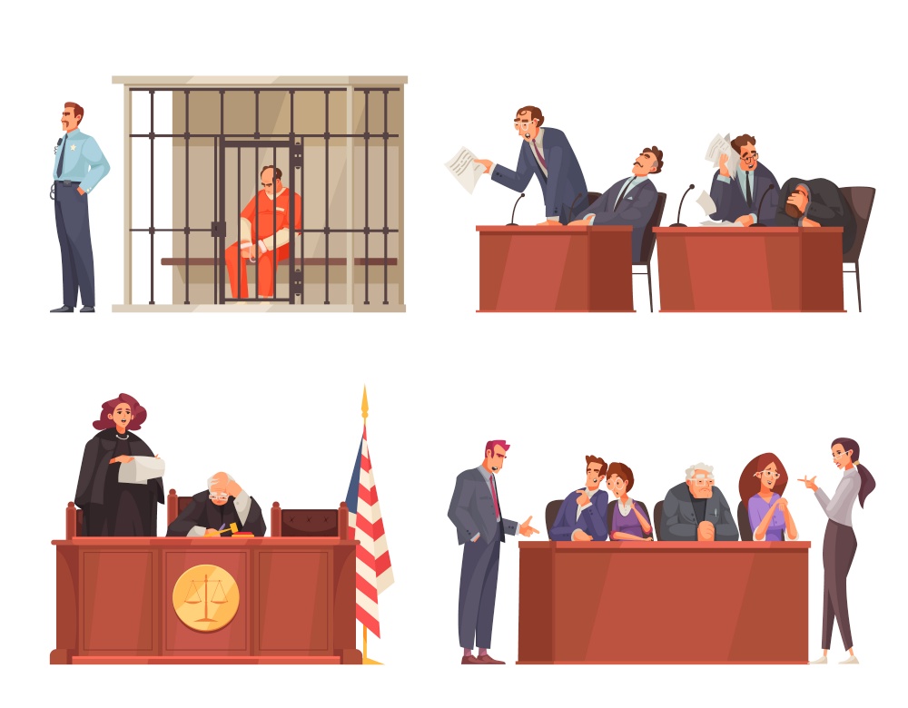 Law justice compositions set with wooden tribunes and sitting judges trial jury and prisoners in cage vector illustration