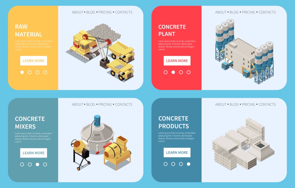 Horizontal concrete cement production isometric banner set with raw material concrete plant mixers and products descriptions vector illustration