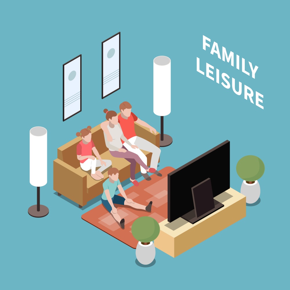 Family leisure playing isometric people composition all family members sit in front of tv vector illustration