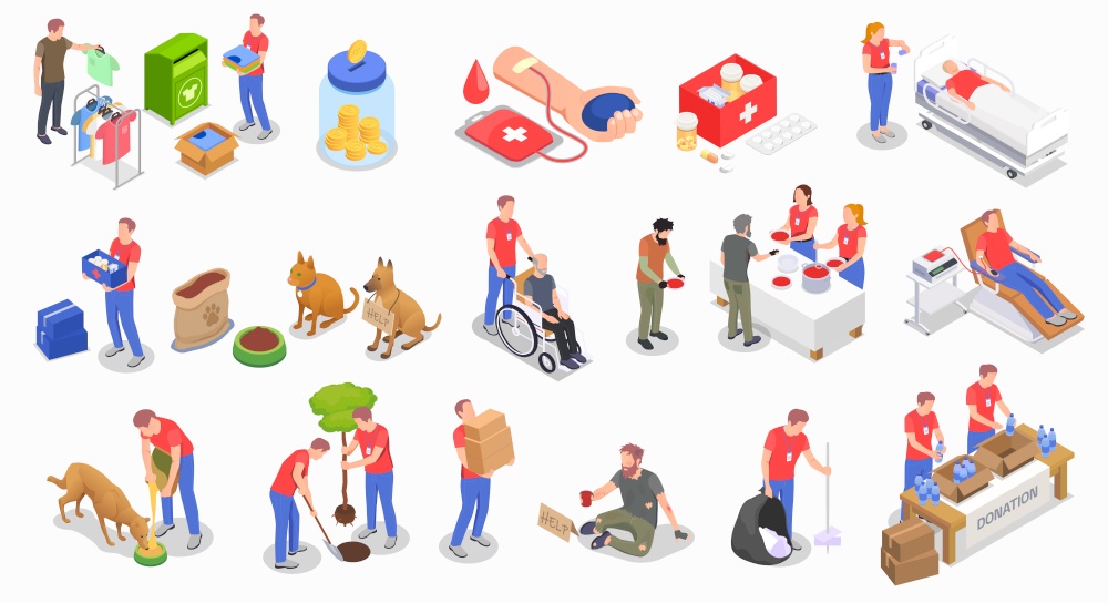 Charity set with donation and volunteering symbols isometric isolated vector illustration