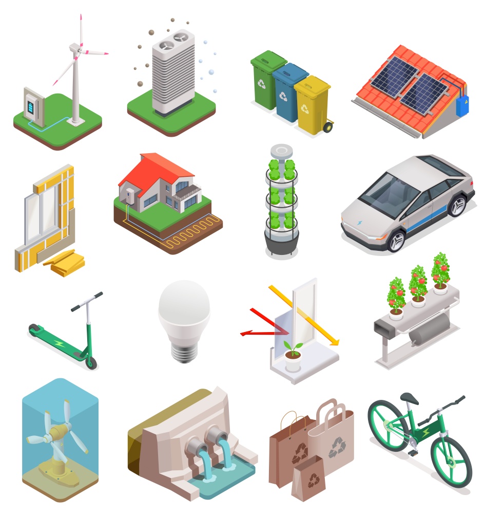 Eco friendly technology isometric set with isolated icons of electric vehicles biodegradable bags and alternative energy vector illustration