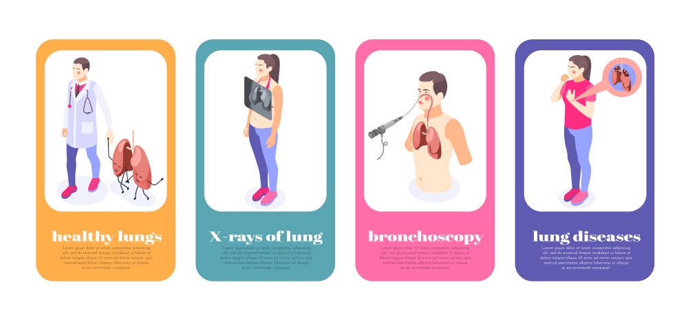 Lung inspection banners set with diseases symbols isometric isolated vector illustration. Lung Inspection Banners Set