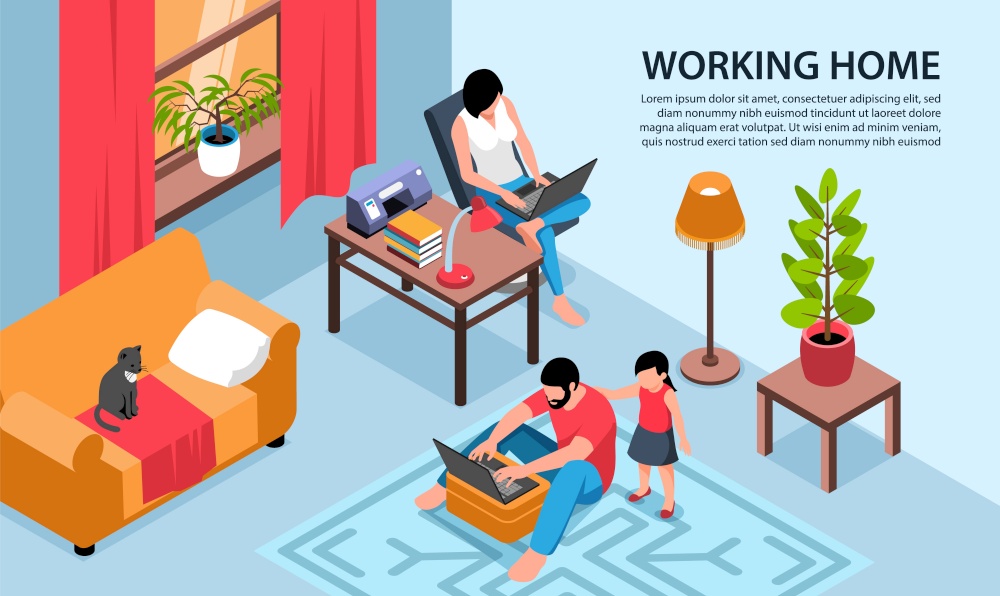 Isometric working home horizontal background composition with living room scenery and parents with laptops and text vector illustration