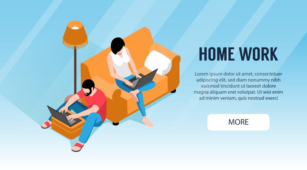 Isometric working home horizontal banner with text more button and couple with laptops on soft furniture vector illustration
