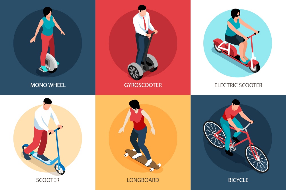 Isometric eco transport design concept with editable text captions and human characters riding scooters and bicycles vector illustration