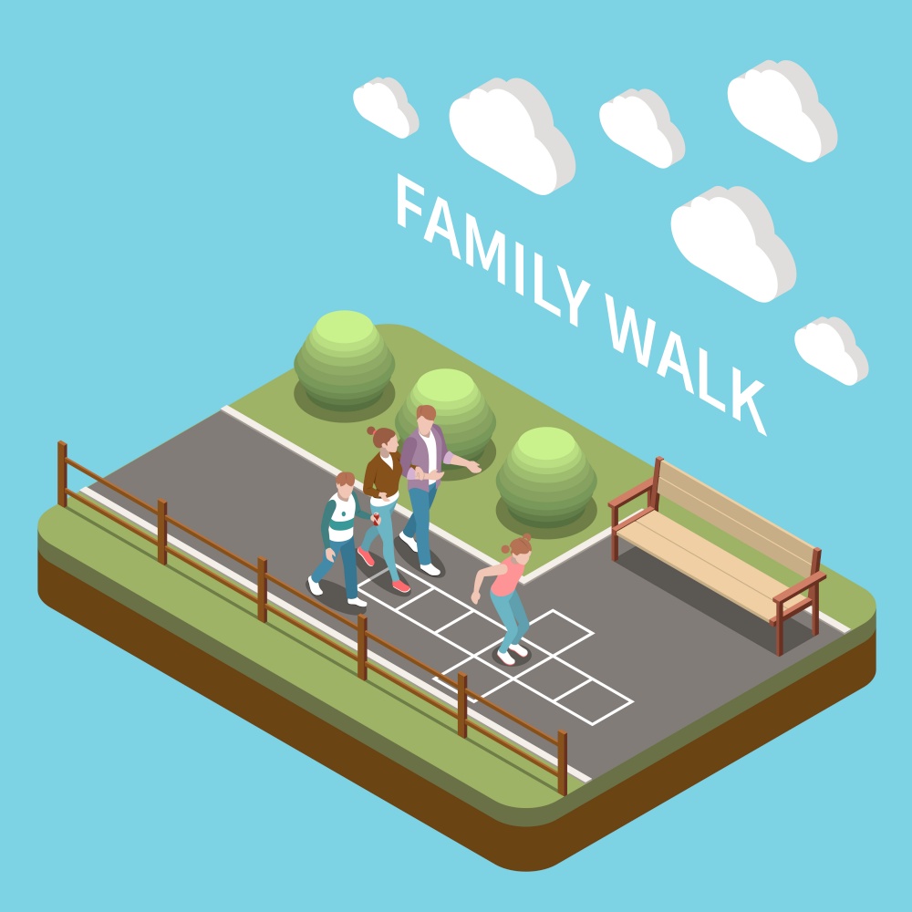 Family leisure playing isometric people composition with family walk description and four people on the street vector illustration