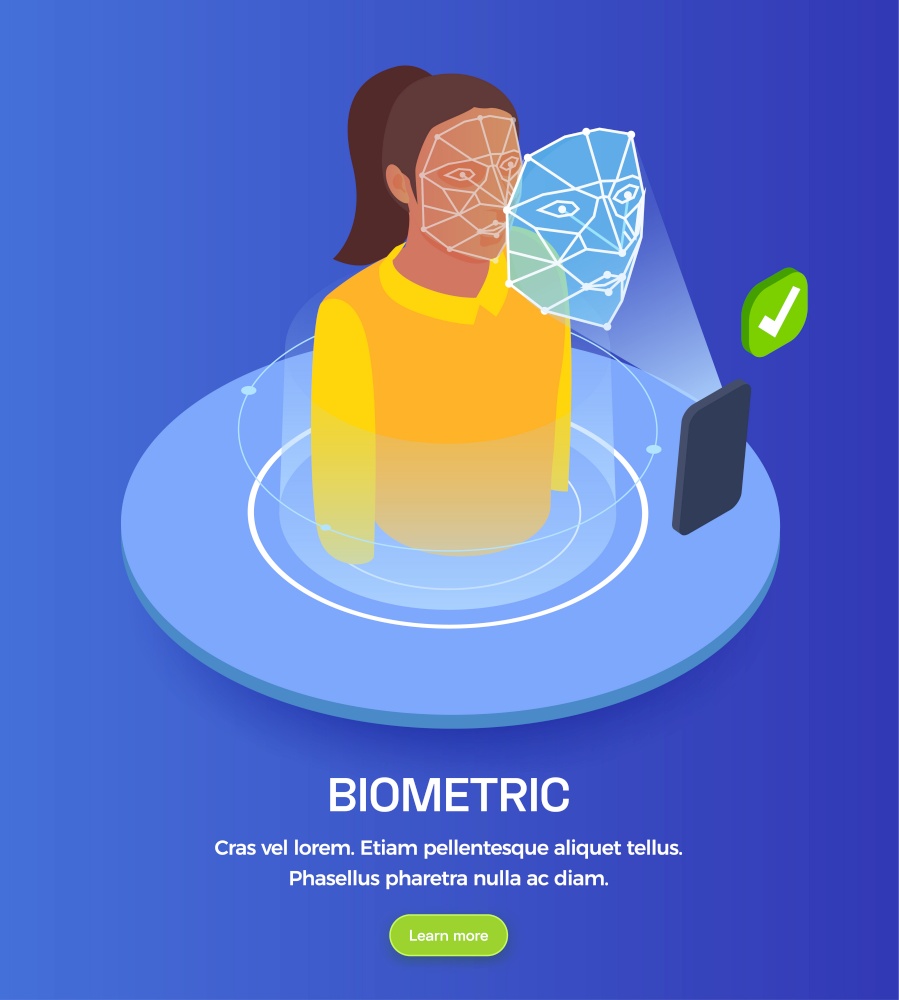 Face scanning biometric technology isometric concept with woman and electronic device on blue background 3d vector illustration
