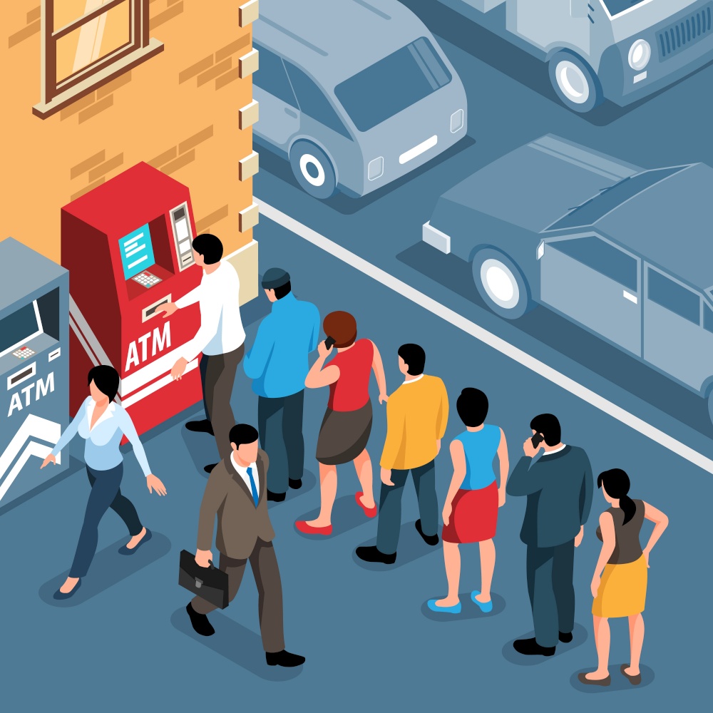 Isometric queue people standing in line near atm outdoors 3d vector illustration