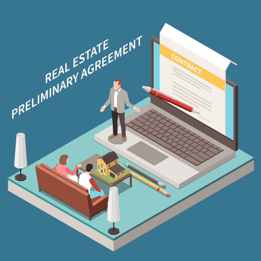 Real estate agency isometric composition with laptop stage characters of agent clients and contract on screen vector illustration