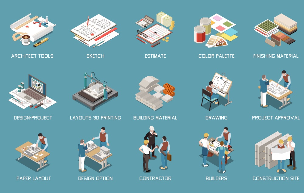 Architect isometric set of isolated icons and images of tools and materials with project and people vector illustration