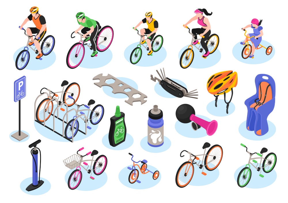 Isometric bicycle set of isolated icons of bike models and accessories cycling equipment and parking sign vector illustration