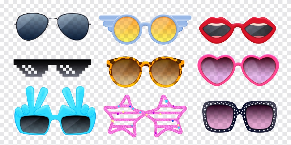 Colorful sunglasses of different shape realistic set isolated on transparent background vector illustration