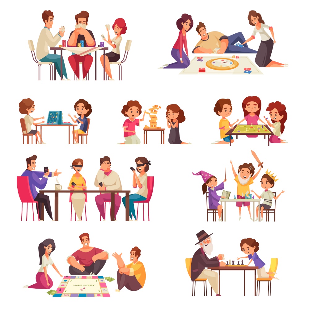 People board games icon set mafia chess poker money and fairy tale games vector illustration