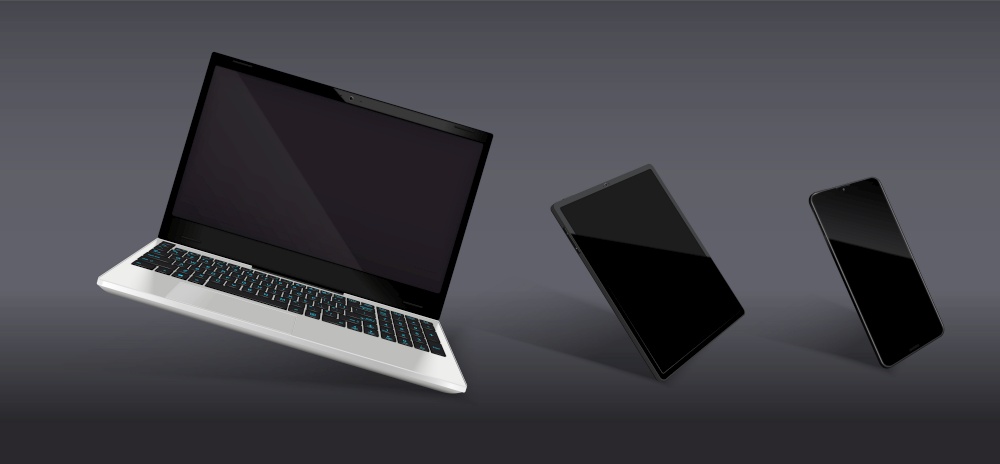Realistic composition consist of modern models of laptop and smartphone with black glossy screens vector illustration. Laptop And Smartphone Realistic Composition