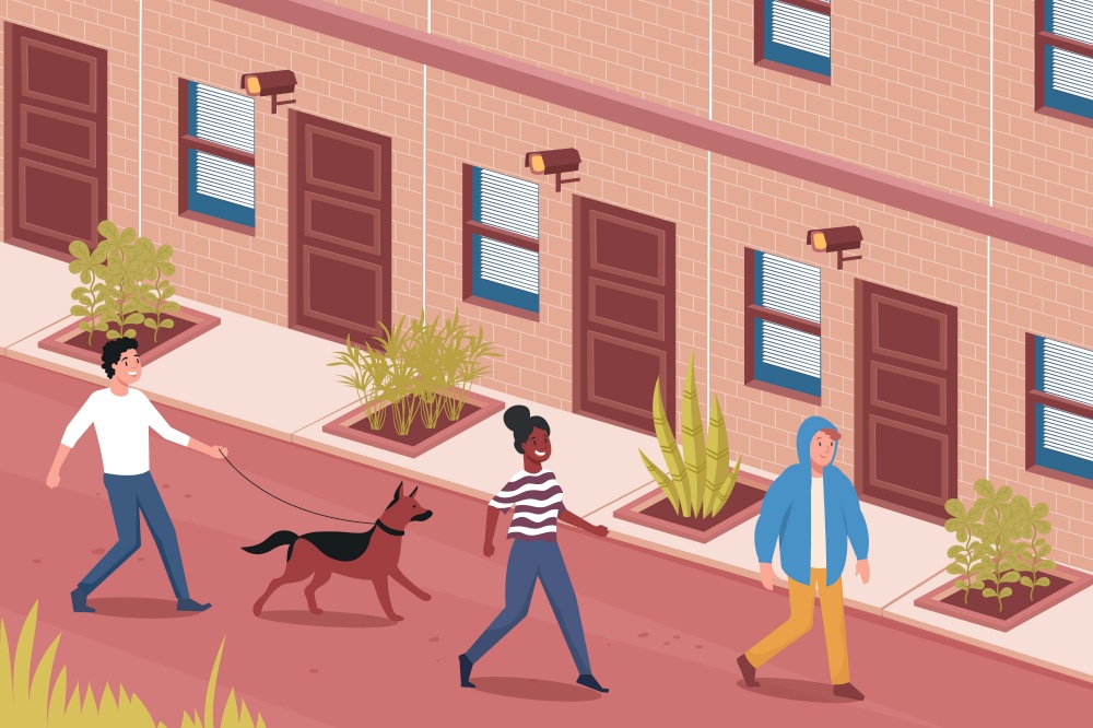 Three people going by building with house security system cameras flat vector illustration