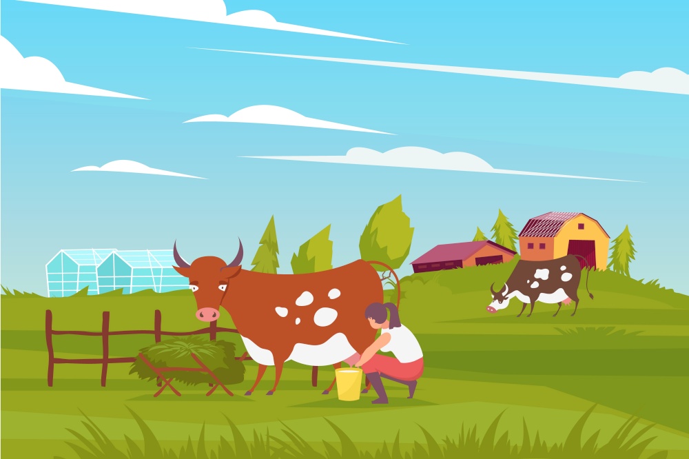 Milkmaid farmer flat composition with outdoor landscape farm buildings and grazing cows with dairy woman character vector illustration