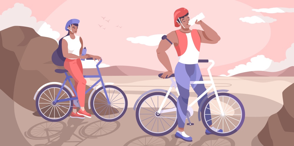 Biker drink water flat composition with couple on bike ride stopped to rest vector illustration