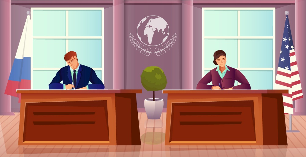 Diplomacy and diplomat background with USA and Russia symbols flat vector illustration