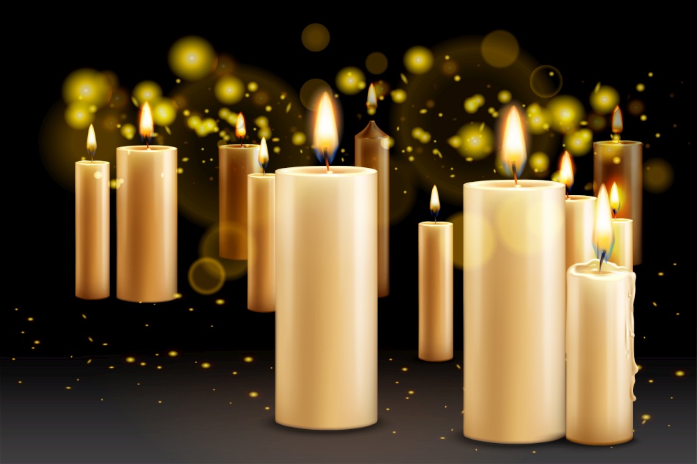 Realistic candles background with burning candles of different size with flame and blurred specks of light vector illustration