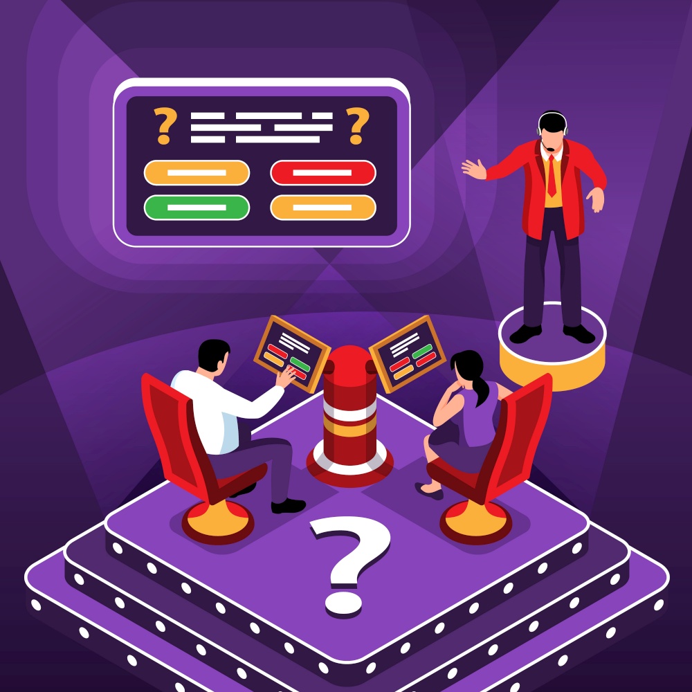Isometric tv quiz square composition with show studio interactive screens and characters of host and players vector illustration