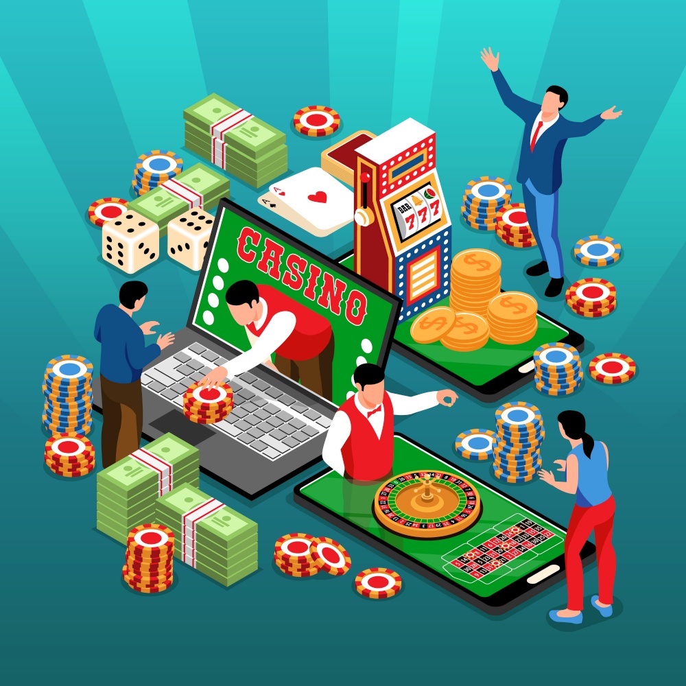 Isometric online casino square composition with human characters stacks of money chips cards and electronic devices vector illustration