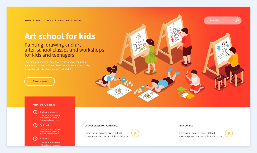 Isometric children art school website template design with drawing easels kids and clickable links with buttons vector illustration