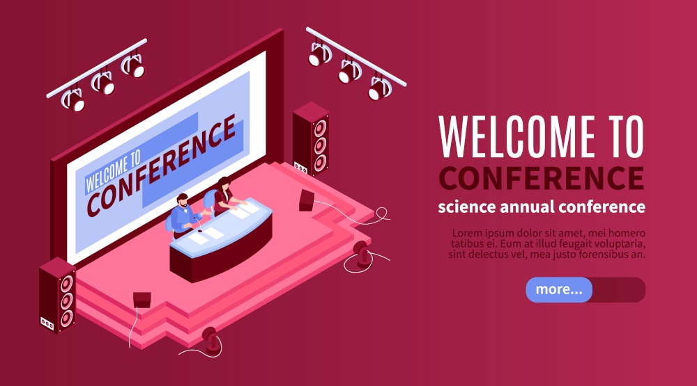 Isometric conference hall horizontal banner with images of stage and tribunes with editable text and button vector illustration