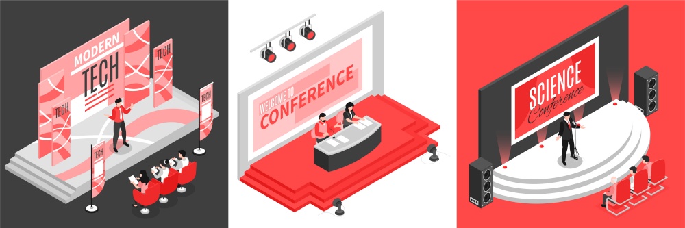 Isometric conference hall design concept with square compositions of stage images with human characters of presenters vector illustration