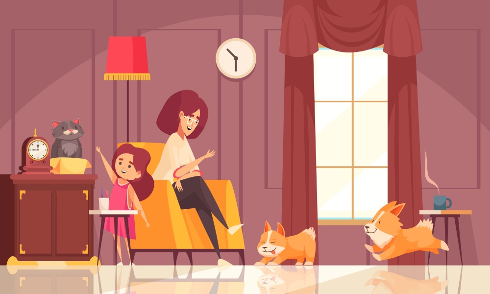 Pets growth stages composition with indoor view of home interior with mother daughter and their dogs vector illustration