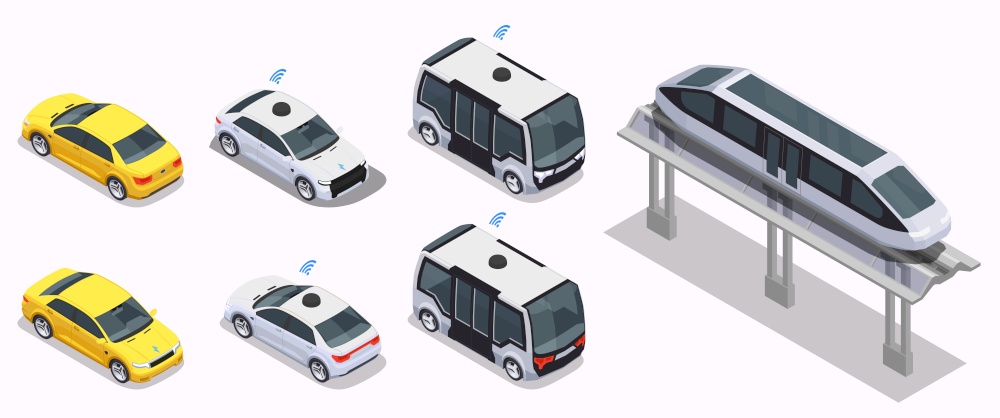 Smart city technologies set of isometric urban transport icons and isolated images of remotely controlled cars vector illustration
