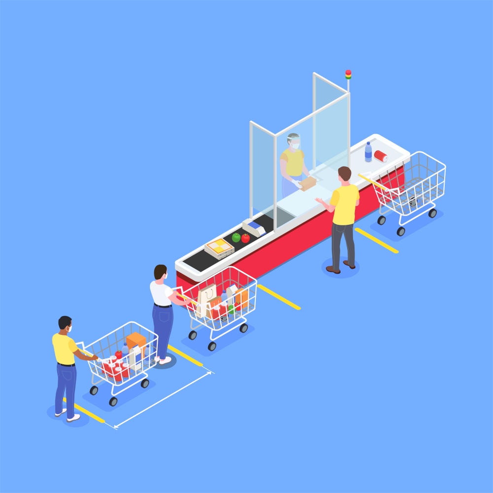 Social distancing isometric composition with supermarket line and people with shopping carts and cashier behind barrier vector illustration