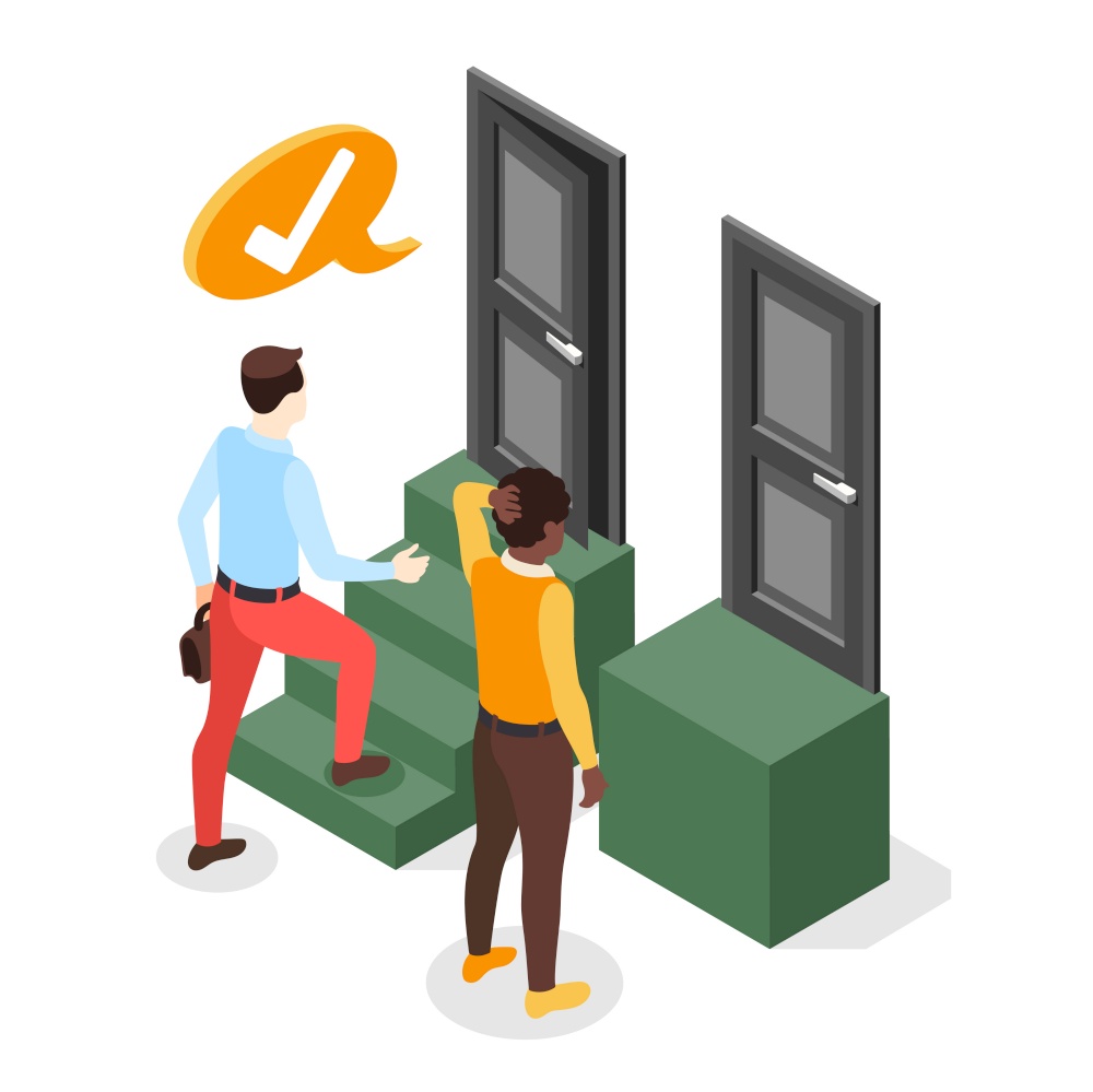 Discrimination isometric composition with white and black human characters in front of open and closed doors vector illustration