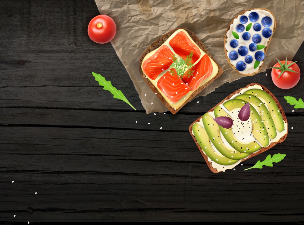 Healthy sandwiches with avocado salmon blueberries and herbs on dark wooden surface realistic background vector illustration