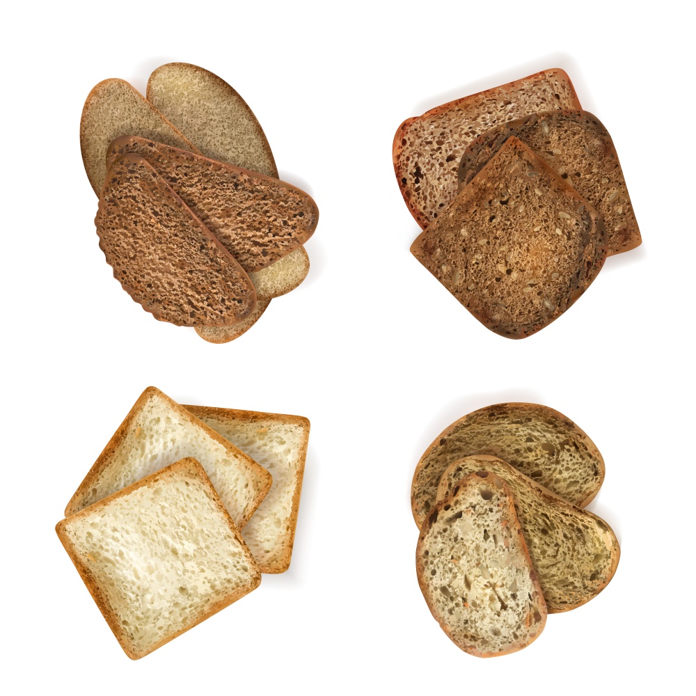 Different bread slices set with nutrition symbols realistic isolated vector illustration