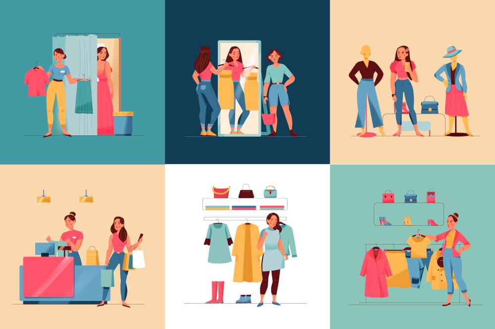 Women in clothing store square set with fashion flat isolated vector illustration