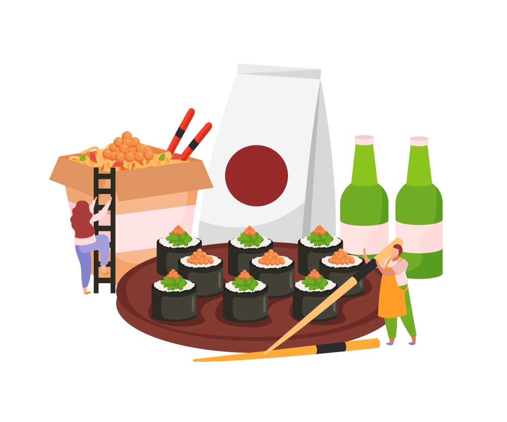 Sushi flat colored composition with plate of maki big wok and drinks vector illustration