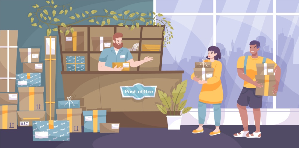 Mail parcel flat composition with indoor view of post office with senders and employee at counter vector illustration