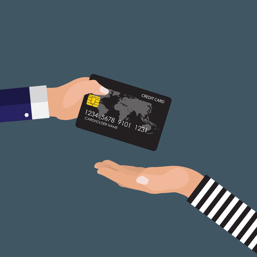 Hand of victim giving a credit card to robber. Vector Illustration EPS10. Hand of victim giving a credit card to robber. Vector Illustration