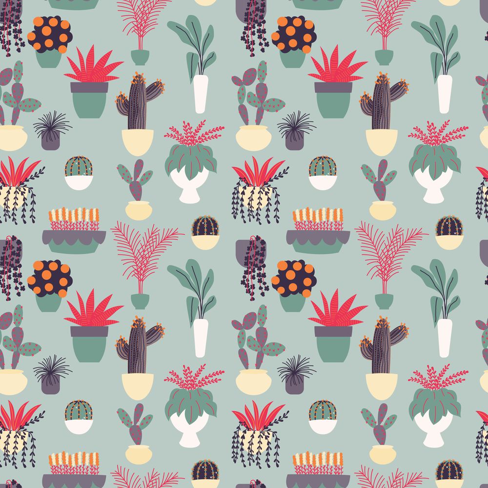 Seamless pattern with collection of hand drawn indoor house plants. Collection of potted plants. Colorful flat vector illustration