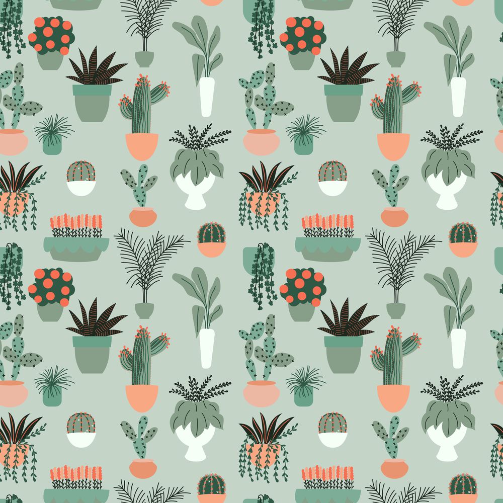 Seamless pattern with collection of hand drawn indoor house plants. Collection of potted plants. Colorful flat vector illustration